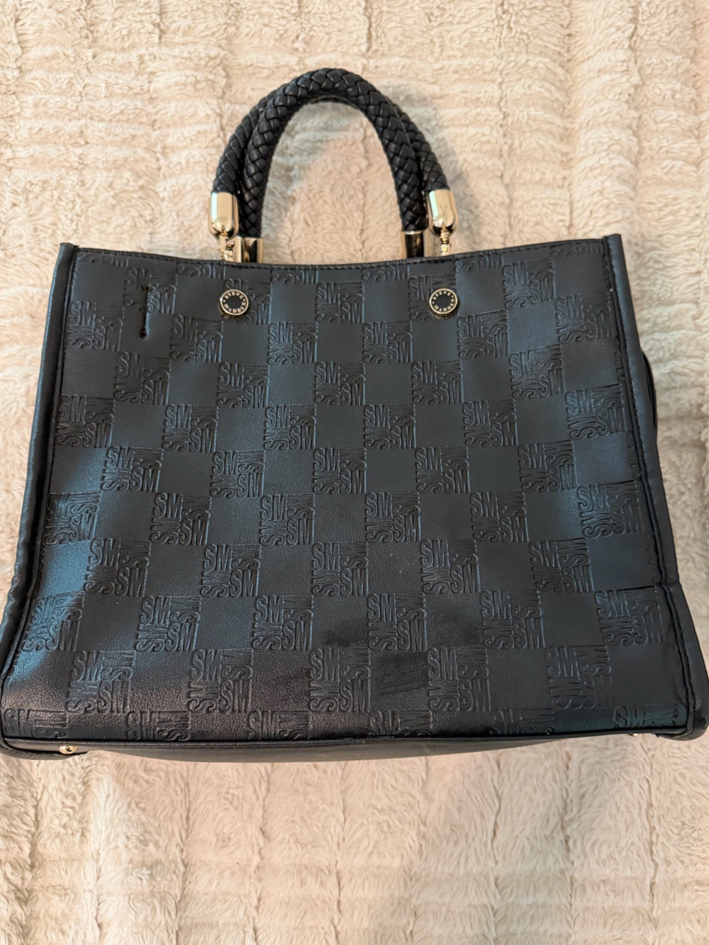 Steve Madden Black Embossed Logo Tote with Braided Handles